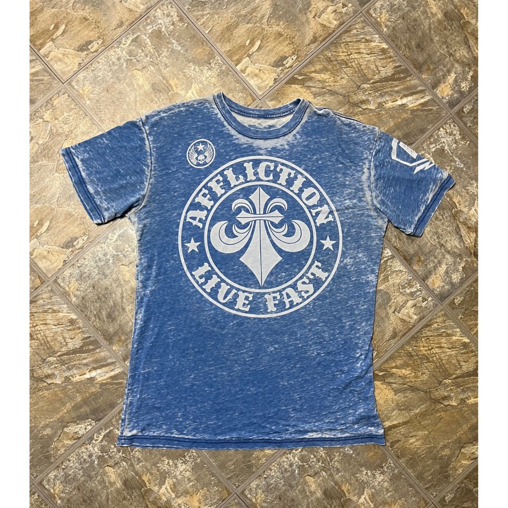 Affliction T-Shirt Men XL Blue Live Fast Fleur De Lis Acid Wash Tee